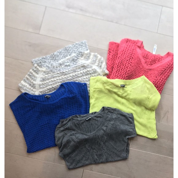 lot of 5 vtg crochet sweaters Express Aeropostale S M blue orange gray green - Picture 1 of 7